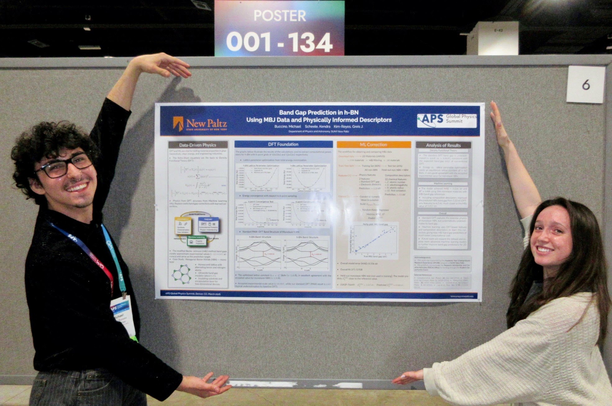 Michael Buccino and Kendra Scheele presenting their h-BN band-gap research poster at the APS Global Physics Summit